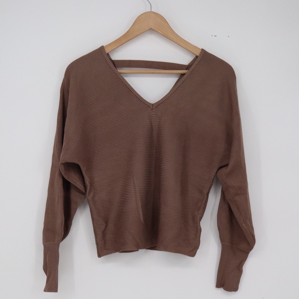 Pink Rose Sweater Womens S Brown Ribbed V-Neck Back Strap Excellent